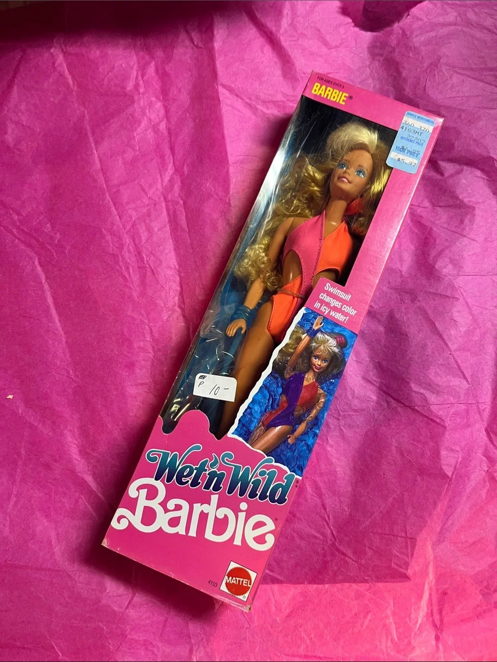 vintage 1989 Mattel Wet 'n Wild Barbie doll Pink & Orange Swimsuit NRFB